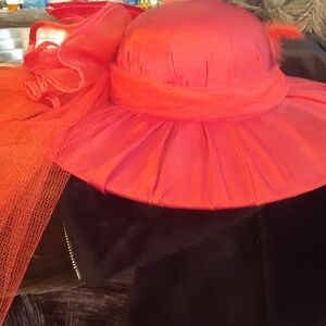 Women's Wide-Brim Coral Satin Hat with Decorative Bow